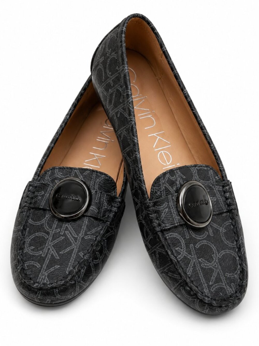 Calvin Klein Monogram Loafers Black Slip On Flats Size 7.5